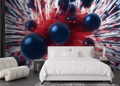 Red and blue spheres streaked with white threads on a dark background Wall mural