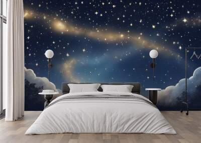 Silhouette of two children in a field on the background of starry sky looking path and clouds Wall mural