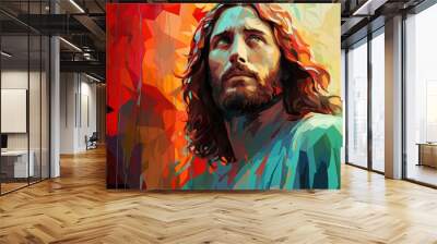 Colorful painting of Jesus Christ in the style of digital illustration, art painting on colored paper Wall mural