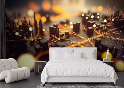 Connections and Networks Concept. Circuit Board Cities at night with orange lights. Digital Painting. Generative Ai technology Wall mural