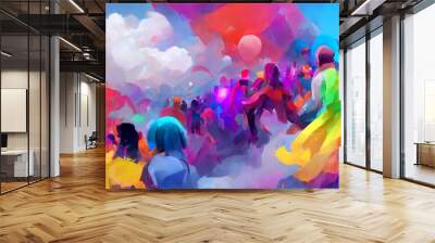 Group having fun at an outdoor .Happy festival crowd, dancing and filled with joy. Watercolour Wall mural