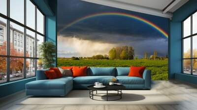 a beautiful, colorful rainbow against the background of a dangerous, stormy sky over a rural farm Wall mural