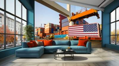 american container with usa flag in port. concept of american import and export.3D render Wall mural