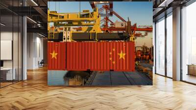 Chinese container with the flag of the People's Republic of China in the port. The concept of Chinese import and export.3D render Wall mural