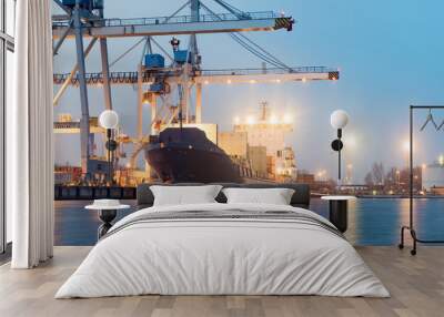 Containers loading by crane in the morning , Trade Port , Shipping Wall mural