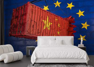 destroyed container with the flag of China after the collision with the wall symbolizing the European Union's customs barrier Wall mural