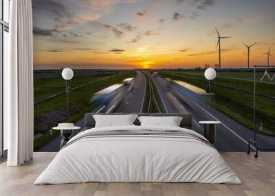 truck traffic on the highway at sunset Wall mural