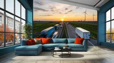 truck traffic on the highway at sunset Wall mural