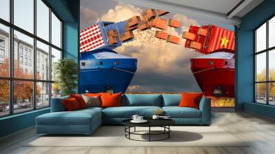 US and Chinese merchant ships shooting cardboard boxes with USA and China flags from containers.USA China economic trade war market conflict concept.3d illustration Wall mural