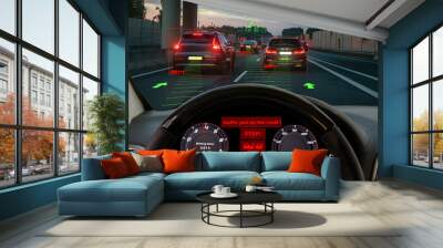 view from the cockpit of a car equipped with HUD and active safety systems.The systems detected a traffic jam on the motorway and activated emergency braking Wall mural