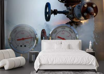 water pressure gauge meters against a leaky pipeline which comes out hot steam and hot water under pressure Wall mural