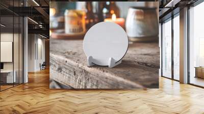 A white circle beer coaster mockup placed on a rustic wooden table. Wall mural