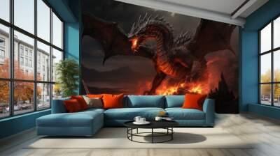 Mystical Encounter: Mage's Dragon Amidst Fiery Blaze Wall mural