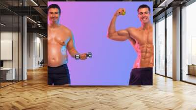 Awesome Before and After Weight Loss fitness Transformation. The man was fat but became athlet. Fat to fit concept. Wall mural