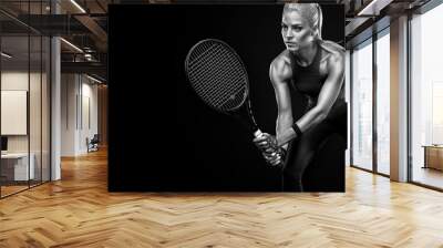 Beautiful blonde sport woman tennis player with racket in red costume Wall mural