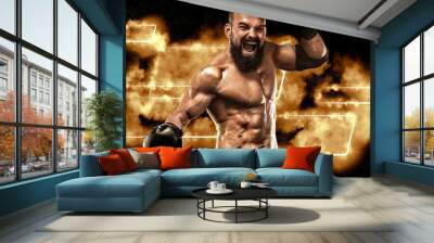 Boxing banner with yellow neon lights. Template for bookmaker ads with copy space. Mockup for betting advertisement. Sports betting, boxers betting, gambling, bookmaker, big win. Wall mural