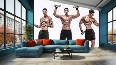 Collage. Man athlete with dumbbells isolated on white background. Gym full body workout. Muscular man athlete in fitness gym have havy workout. Sports trainer on trainging. Fitness motivation. Wall mural