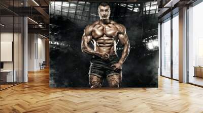 muscular young fitness sports man. workout with dumbbell in fitness gym. copy space for fitness nutr Wall mural