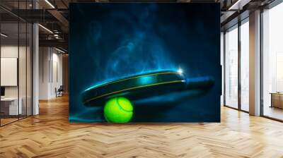 Padel tennis racket. Background with copy space. Sport court and ball. Social media design. Wall mural