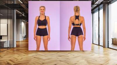 Photo reference pack with anatomy of fit woman athlete. Front, back, side, profile view. Fitness concept. Wall mural