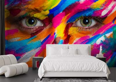 Portrait of the bright beautiful girl with art colorful make-up and bodyart Wall mural