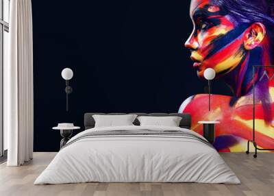 Portrait of the bright beautiful girl with art colorful make-up and bodyart Wall mural