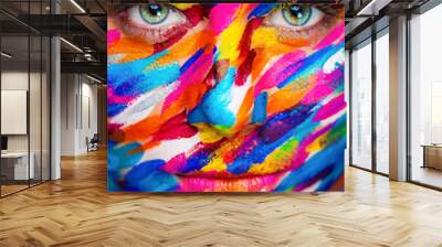 Portrait of the bright beautiful girl with painting art colorful make-up on face and bodyart. Creative vertical ads banner or flyer with copy space. Wall mural