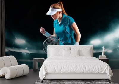 Tennis player tournament winner. Woman athlete vinner playing on grand arena background. Horisontal banner template for website. Wall mural