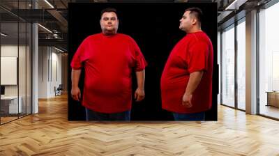 Two views of young fat man in red t-shirt: front and profile shot, isolated on black background Wall mural