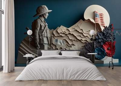 A fictional model of an American Soldier standing in front of the American flag. Paper art illustration. Memorial Day. 4th of July. Veterans Day. Wall mural