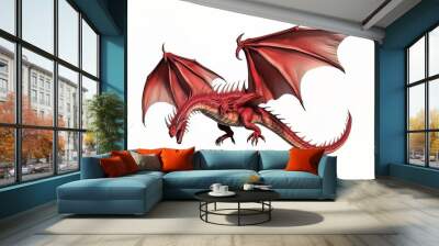 A red dragon in a flying pose on a white isolated background Wall mural