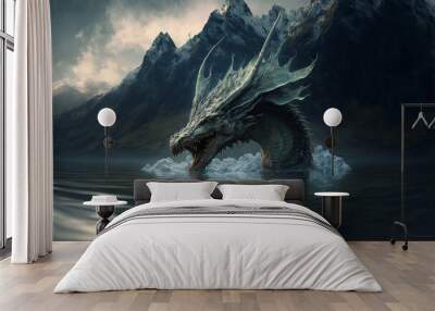 Sea serpent emerging out of the water creating large waves with mountains in the background. Wall mural