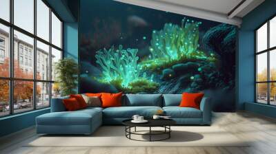 Underwater Bioluminescent plants. Marine landscape. Digital painting. Generative Ai. Wall mural