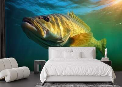 Largemouth Bass Fish Swimming Near the Surface of the Aqua-Colored Water Wall mural