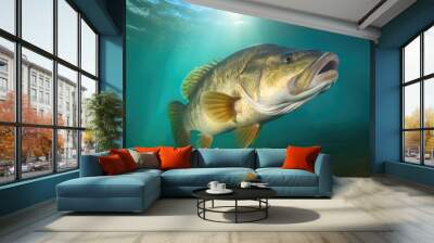 Largemouth Bass Fish Swimming Near the Surface of the Aqua-Colored Water Wall mural