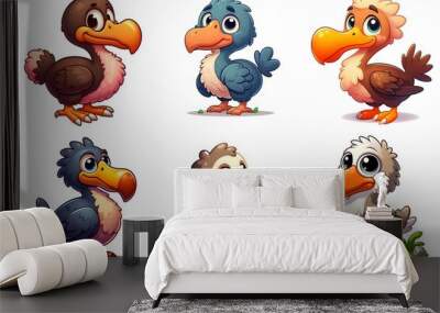 Cartoon illustrations of cute colorful dodo birds, set of animal game characters, isolated on white Wall mural