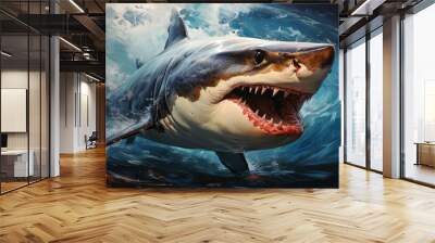 Attacking angry shark with huge teeth underwater Wall mural