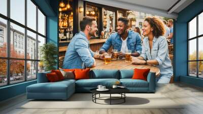 Three people are sitting at a table in a bar, laughing and enjoying their drinks. The atmosphere is lively and social, with people around them also having a good time Wall mural