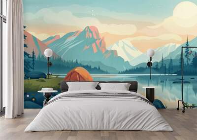 A serene camping site by a tranquil lake surrounded by mountains at sunset, capturing the beauty of nature and outdoor adventure Wall mural