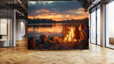 Group of people sitting around campfire Wall mural