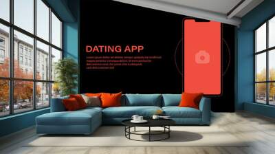 Mobile Dating App UI and UX Alternative Trendy Concept Vector Mockup in Red Color Theme on Frameless Smart Phone Screen Isolated on Dark Background Wall mural