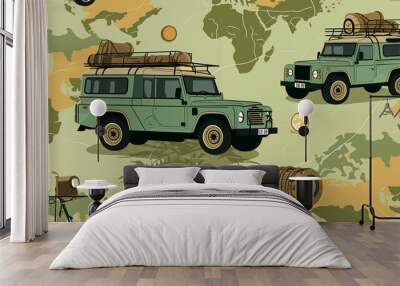 Two Green Land Rovers on Camouflage Background. Generative AI Wall mural