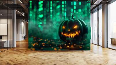 A sinister jack-o'-lantern glows amidst a cyber matrix of green binary code and digital elements. The blend of Halloween and tech creates a futuristic, eerie atmosphere Wall mural