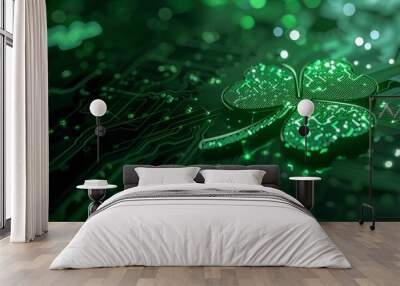 A sparkling green digital shamrock integrated into a dark electronic circuit board. St. Patricks Day and information technology concept Wall mural