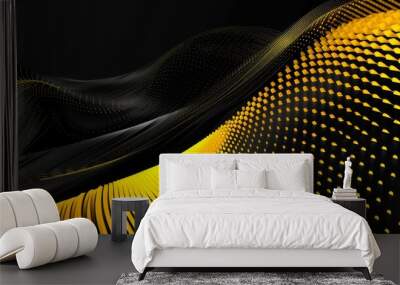 Abstract black and yellow background featuring wave patterns with geometric, illuminated dots. The design creates a sense of depth and movement with vibrant accents Wall mural