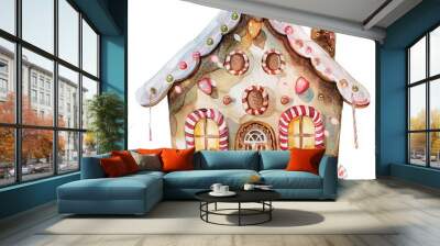 Colorful watercolor gingerbread house decorated with candy canes, wreaths, and gumdrops against a white background Wall mural