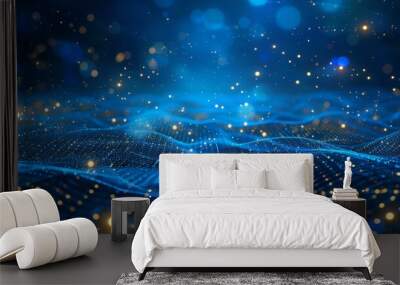 Digital abstract wave background in blue with golden particles. High-tech, futuristic design featuring undulating waves and shimmering lights Wall mural