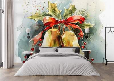 Festive watercolor painting of two golden Christmas bells tied with a red ribbon, decorated with holly leaves, berries, and pine. Set against a soft blue, splattered background Wall mural