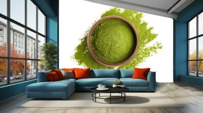 Freeze dried young organic wheatgrass powder in wooden bowl isolated on white. Wall mural