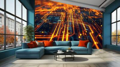 Glowing nodes and lines on digital circuitry create a luminous, futuristic techno landscape in gold and black tones Wall mural